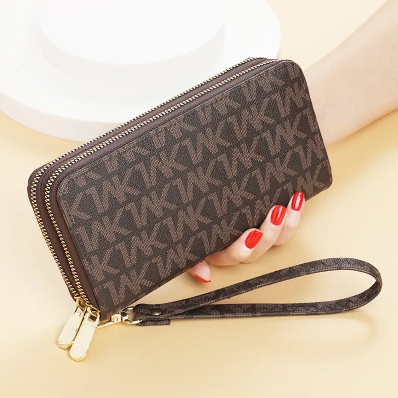 Double Zipper Long Clutch Wallet for Women - PU Leather, Wristlet Design, Large Capacity - Coffee