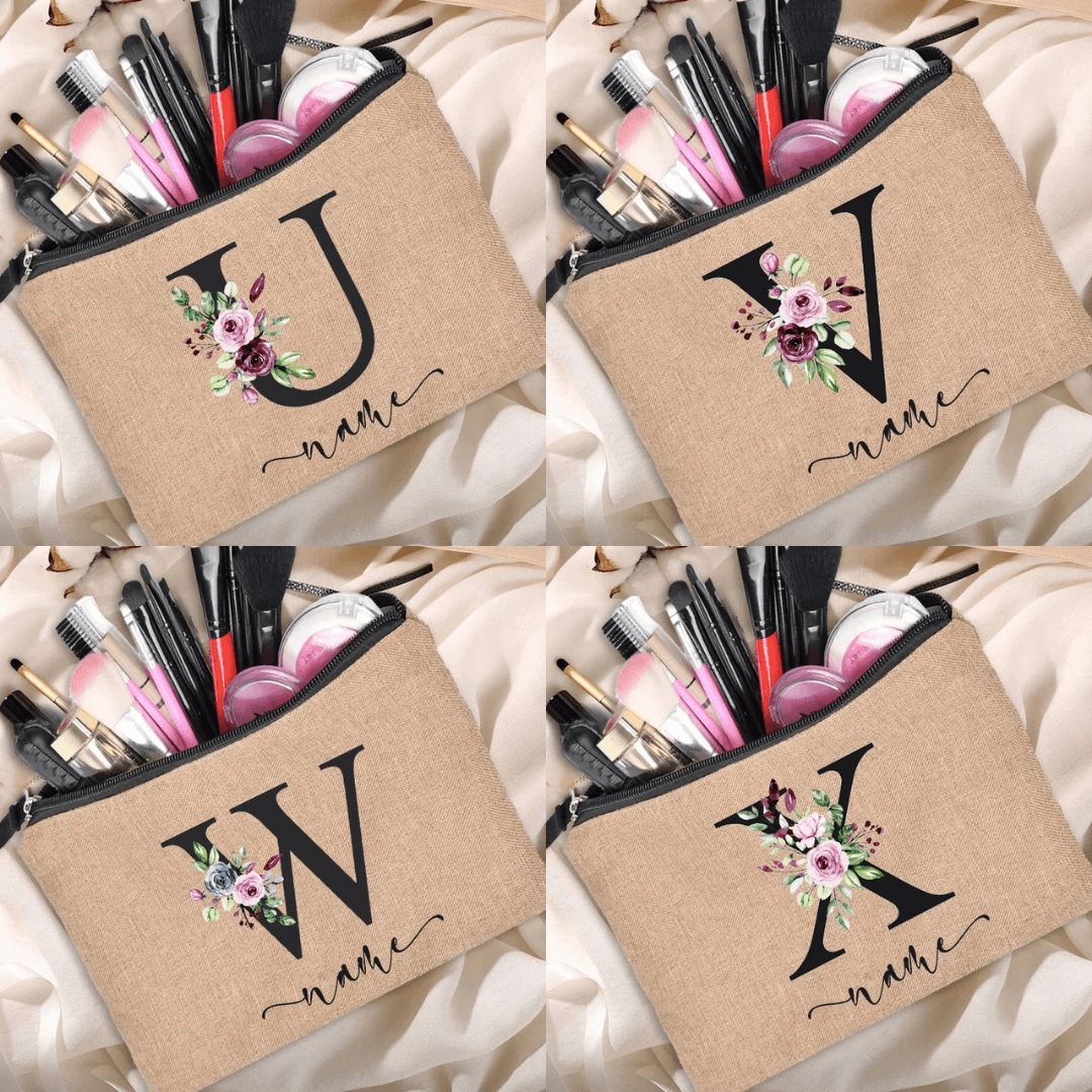 Personalized Linen Makeup Bag - Custom Name Bridesmaid Clutch, Travel Cosmetic Pouch, Bachelor Party Gift