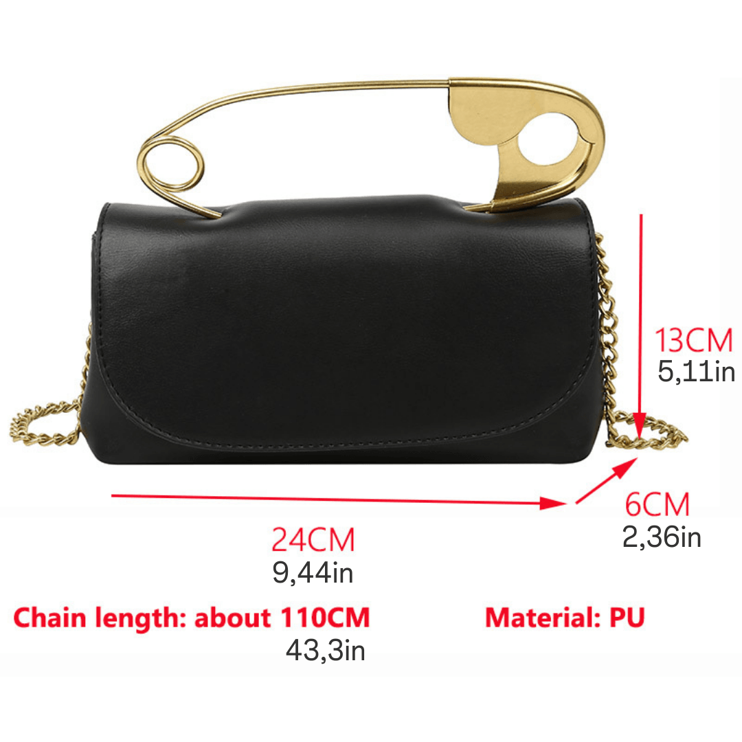 Elegant Women's Safety Pin Handbag - Stylish PU Leather Evening Purse with Chain Strap, Available in Black, White, Red, Blue, and Grey