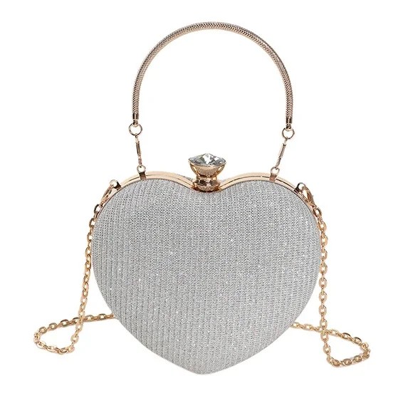 Heart-Shaped Evening Clutch Bag – Shiny Metal Crossbody Purse with Chain Strap for Women