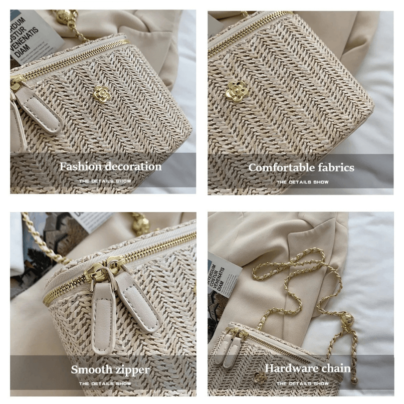 Mini Straw Bucket Crossbody Bag – Women’s Summer Weave Shoulder Bag with Gold Chain and Large Capacity (Small & Large Sizes, Beige)