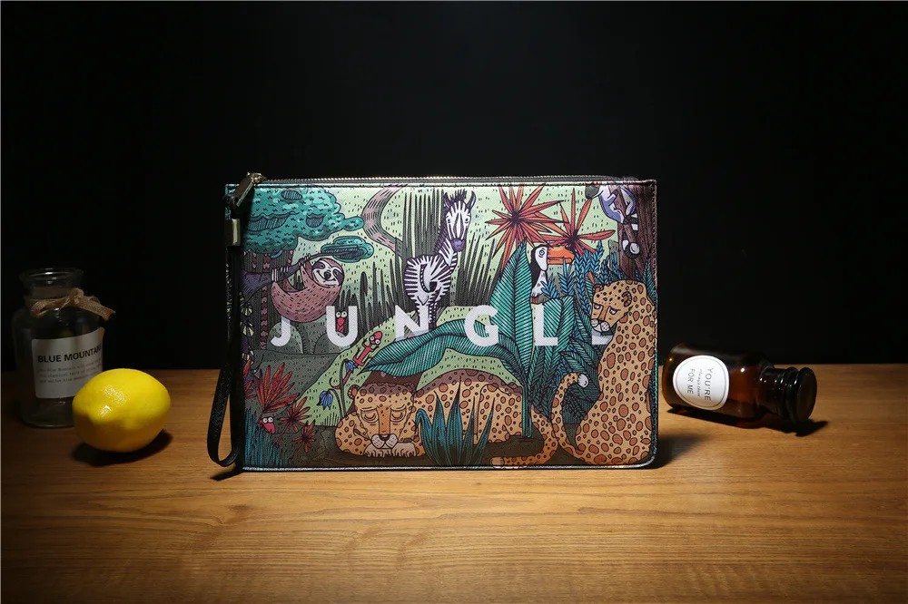 Jungle Animal Print Men's Leather Clutch Bag - High Capacity Fashion Envelope Phone Bag