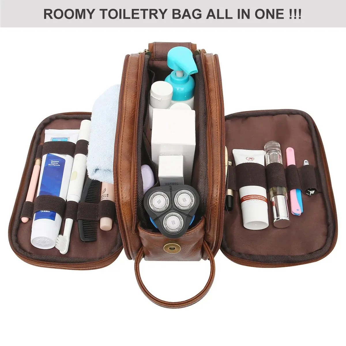 Multi-Pocket Waterproof Travel Toiletry Bag for Men & Women - PU Leather Hanging Makeup Organizer Bag with Large Capacity