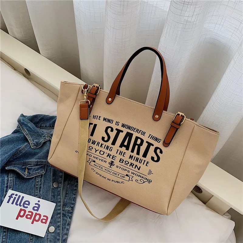 Canvas Tote Bag with Letter Print - Large Capacity Shoulder Bag for Women - Blue, White, Black, Khaki Variants