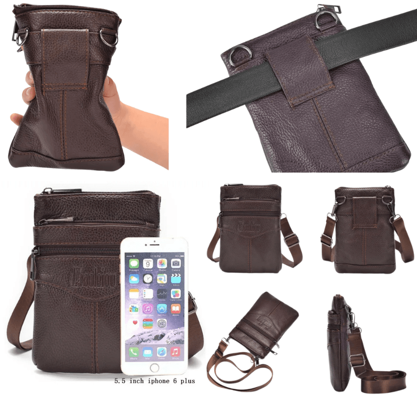 Men's Top-Grain Leather Crossbody Mobile Phone Bag – Compact Design with Adjustable Strap for Business & Travel (Dark Coffee, Black)