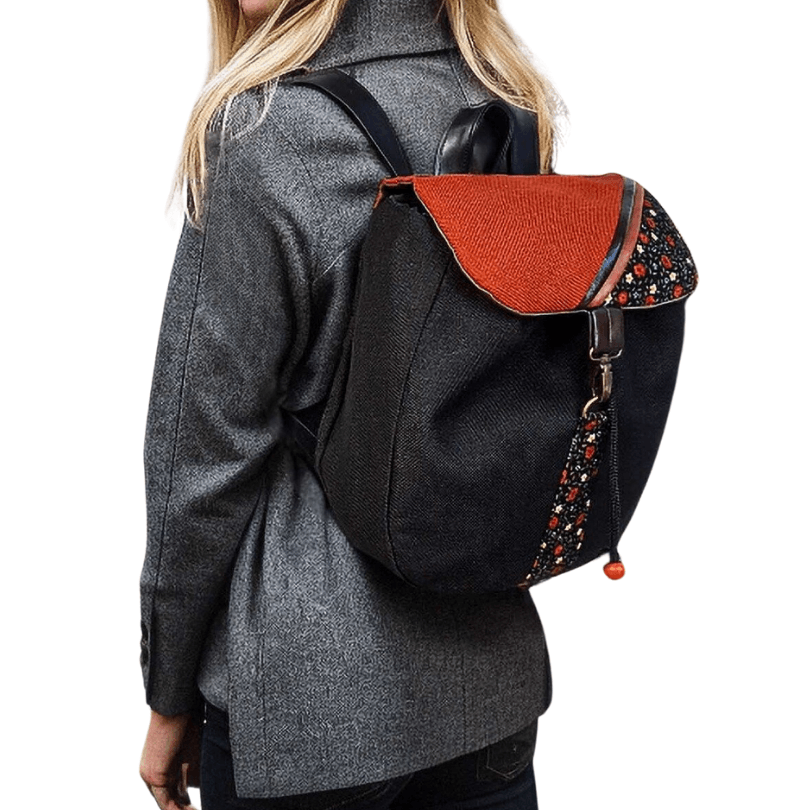 Manavgat Heritage Backpack – Handmade Black & Orange Designer Bag by HappyNear Exclusive