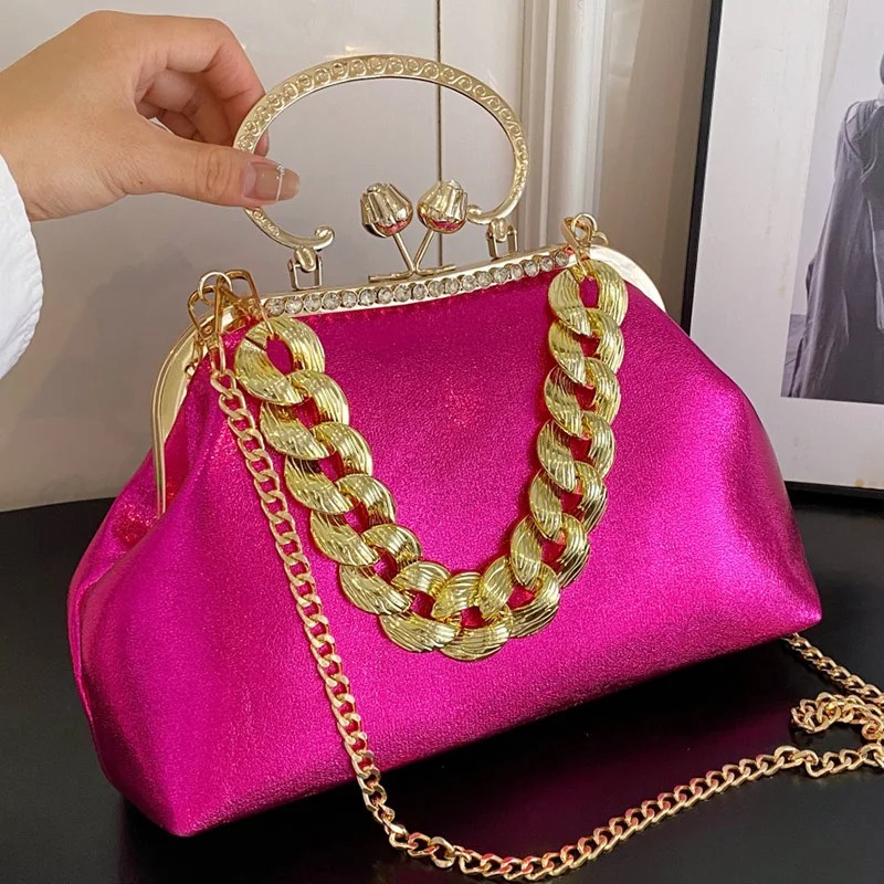 Luxury Leather Women's Bag with Gold Chain - Designer Clutch Bag with PU Leather Shell Clasp for Women