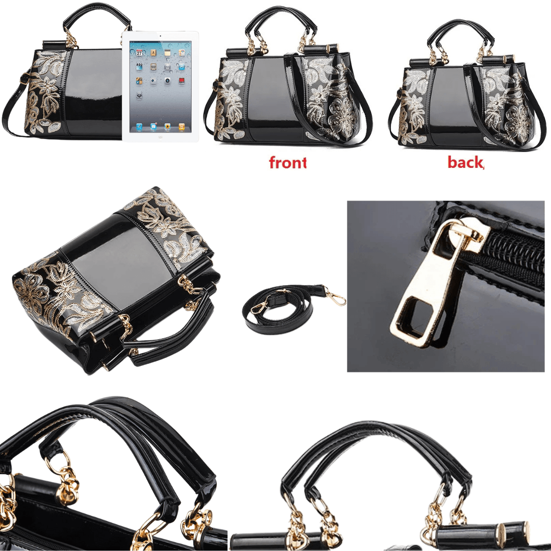 Elegant Patent Leather Women’s Handbag with Floral Embroidery – Luxury Large Capacity Shoulder Messenger Bag