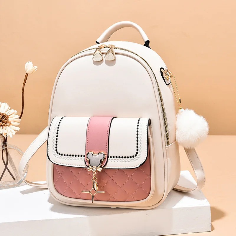 Chic Color-Blocked Mini Backpack with Adjustable Straps and Decorative Charm | Stylish Women’s Travel Bag