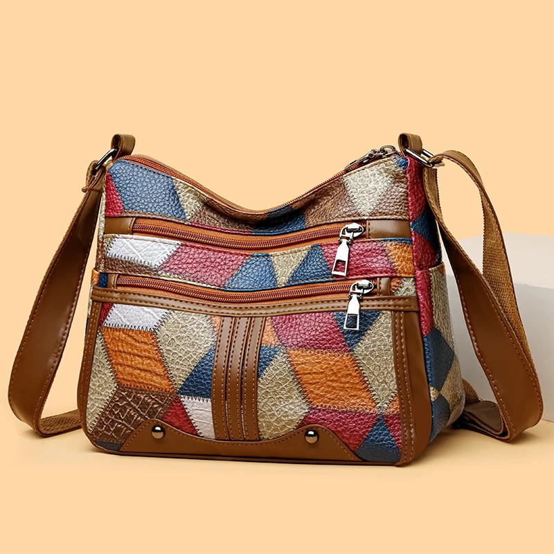 Vintage Patchwork PU Leather Shoulder Bag for Women – Multi-Pocket Crossbody Bag, Boho Style Handbag, Brown