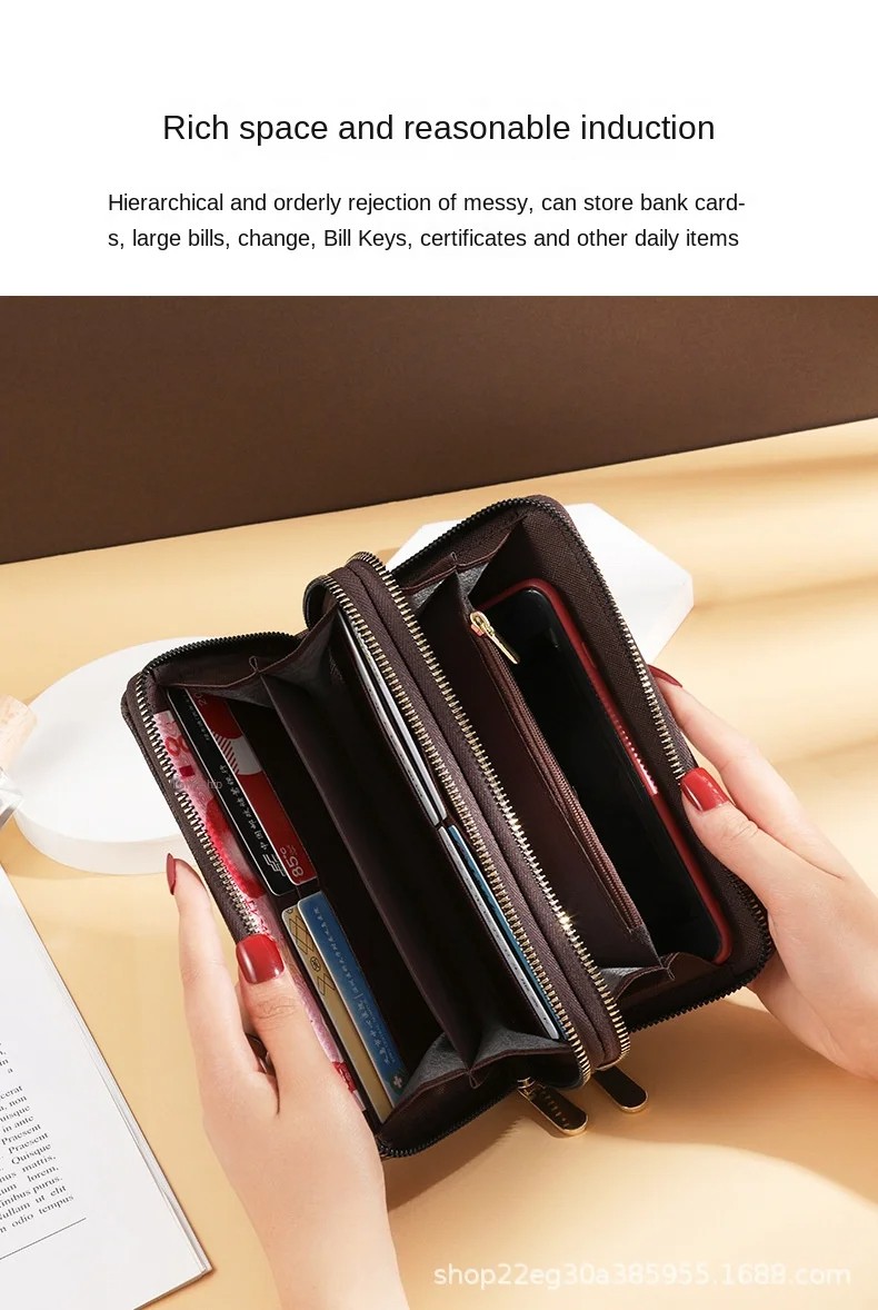 Double Zipper Long Clutch Wallet for Women - PU Leather, Wristlet Design, Large Capacity - Coffee