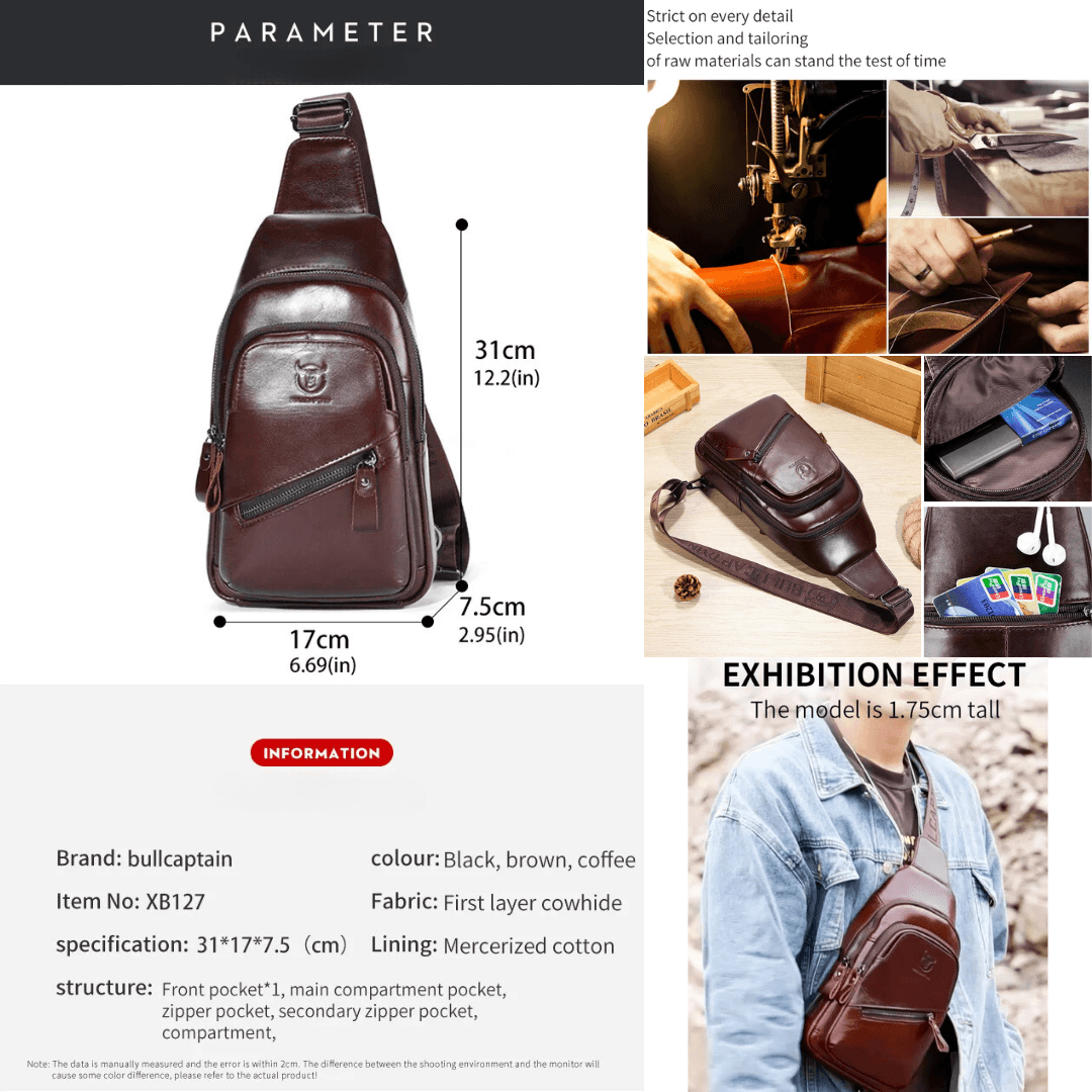 BullCaptain Men's Genuine Leather Chest Bag with USB Charging Port - Stylish, Large Capacity Crossbody Shoulder Bag