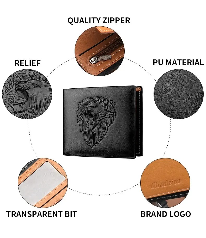 Men's Embossed 3D Lion PU Leather Tri-Fold Wallet – Multi-Card Holder with Zipper Pocket in Black, Brown, and Dark Brown