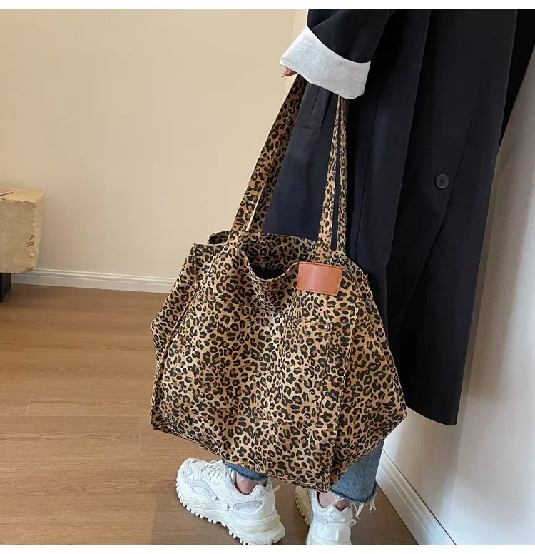 Leopard Print Large Tote Bag - Korean Fashion Shoulder Bag for Women - Black and Brown Variants