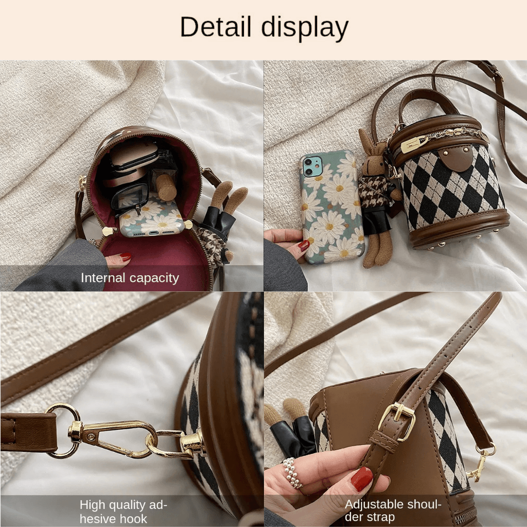 Borsa a tracolla a secchiello in pelle di lusso da donna - Borsa piccola di design con cerniera e pendente alla moda