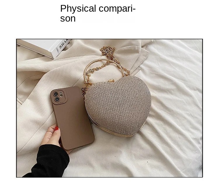 Heart-Shaped Evening Clutch Bag – Shiny Metal Crossbody Purse with Chain Strap for Women