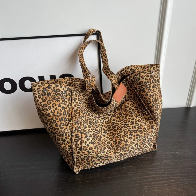 Leopard Print Large Tote Bag - Korean Fashion Shoulder Bag for Women - Black and Brown Variants