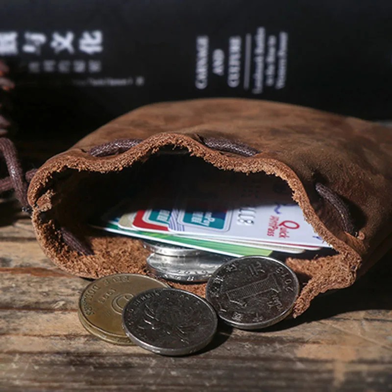 Vintage Leather Coin Purse – Genuine Handmade Drawstring Pouch for Men & Women, Compact Storage Bag – Brown, Black, Camel Colors