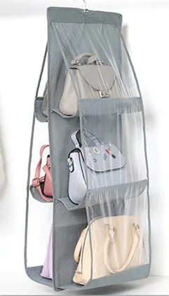 Hanging Handbag Organizer for Closet - Transparent 6-Grid Storage Bag with Rotating Hook (Available in Gray and Black)