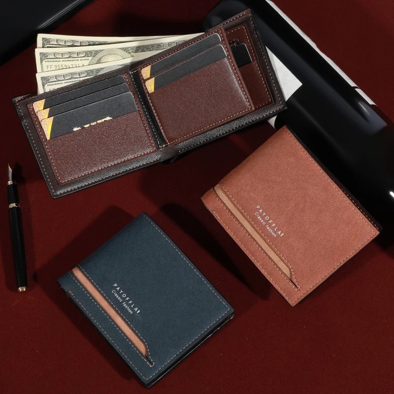 Men’s Classic PU Leather Wallet – Multi-Functional, Slim Design with Card and Cash Slots in Coffee, Brown, and Dark Blue