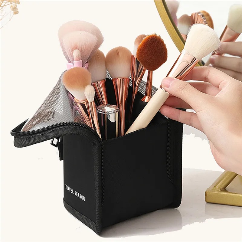 Stand-up Foldable Makeup Brush Holder Bag – Waterproof Travel Cosmetic Case (Black + Pink)