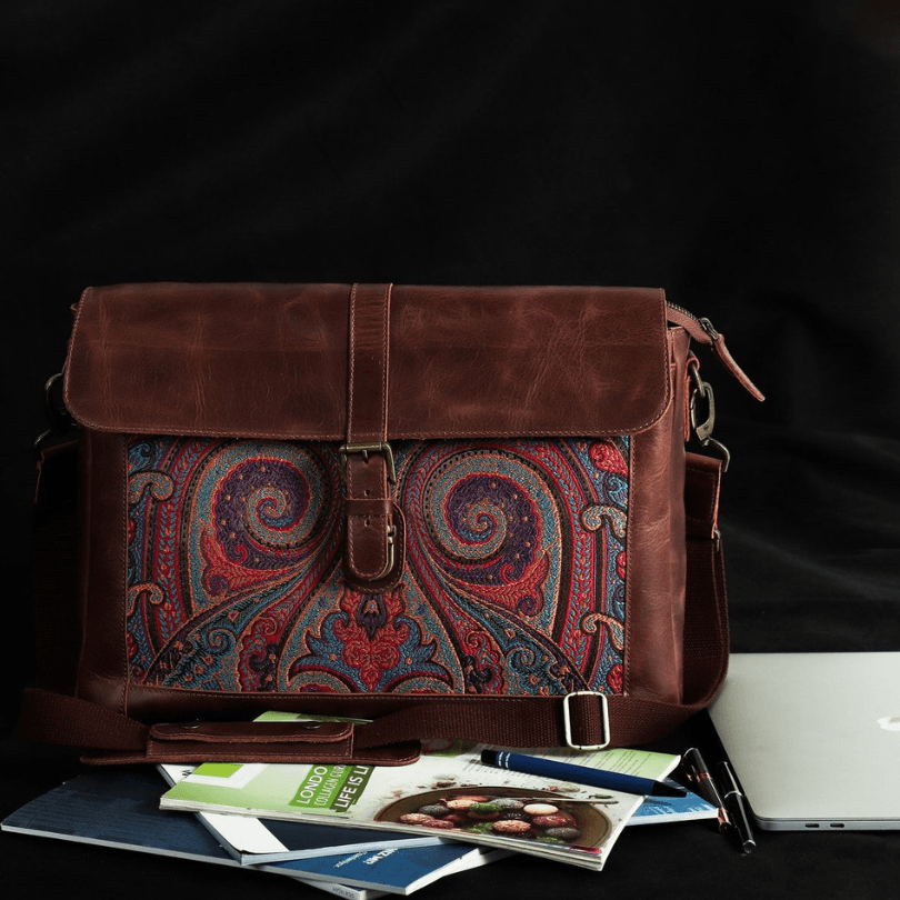 Antalya Harmony Crossbody – Premium Leather Laptop-Compatible Shoulder Bag in Brown Paisley by HappyNear Exclusive