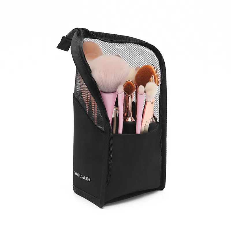 Stand-up Foldable Makeup Brush Holder Bag – Waterproof Travel Cosmetic Case (Black + Pink)