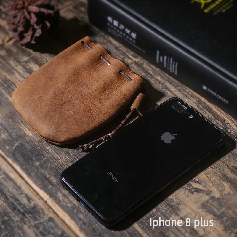Vintage Leather Coin Purse – Genuine Handmade Drawstring Pouch for Men & Women, Compact Storage Bag – Brown, Black, Camel Colors
