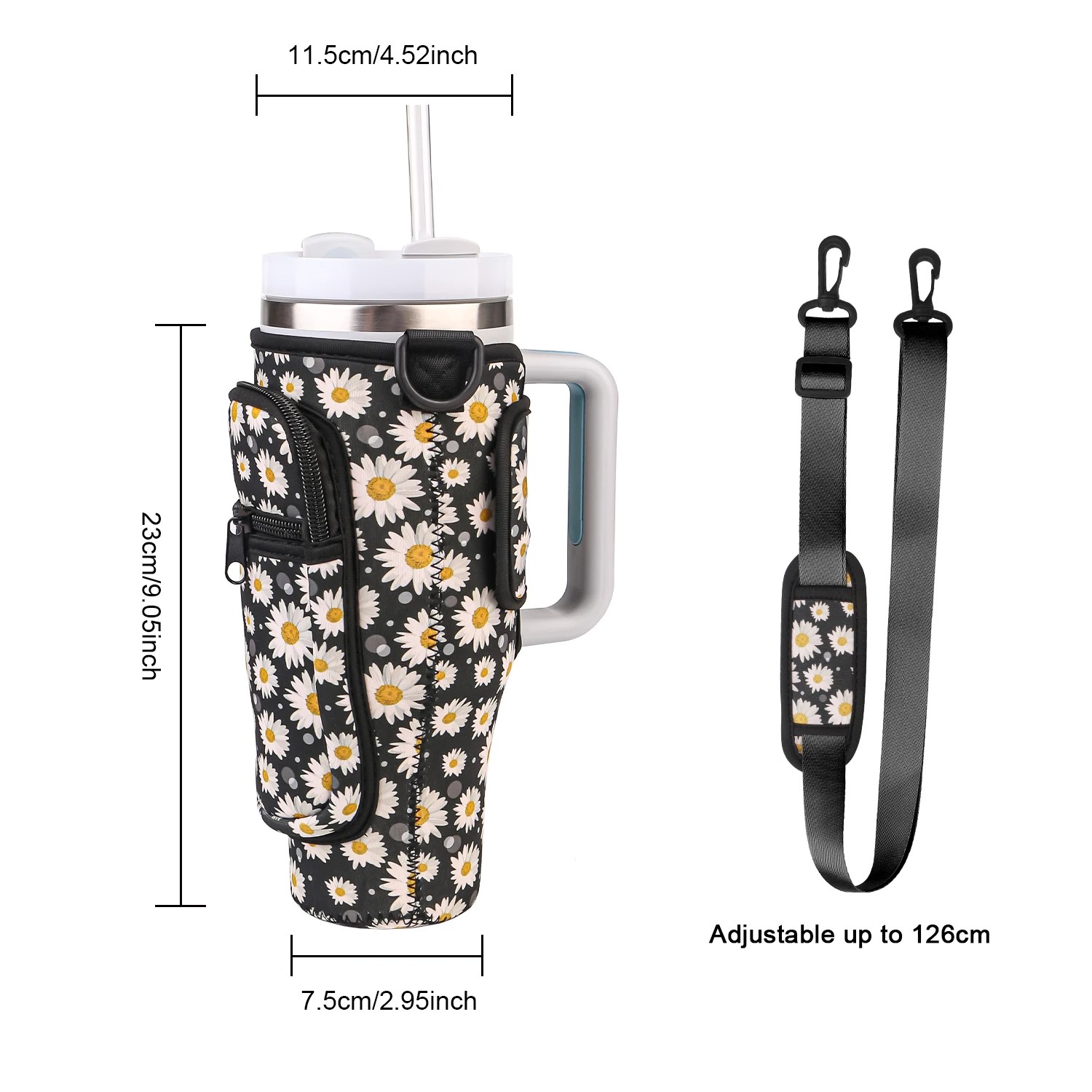 Adjustable Water Bottle Carrier Bag with Keychain and Storage – Multipurpose Neoprene Sleeve for 40oz Tumblers (8 Colors Available)