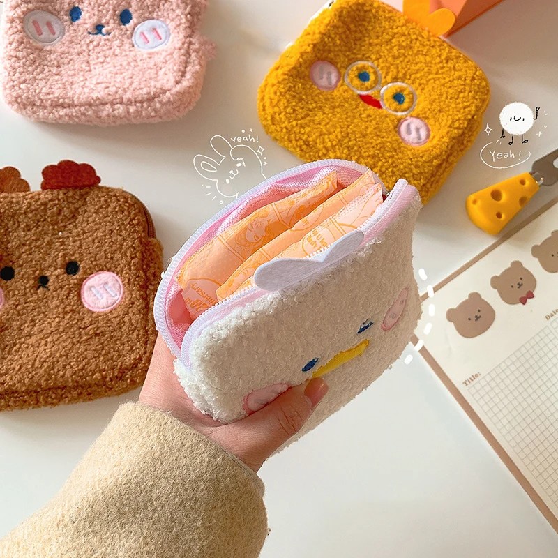 Cute Plush Sanitary Pad Storage Bag - Multi-Functional Portable Makeup Pouch with Adorable Embroidery