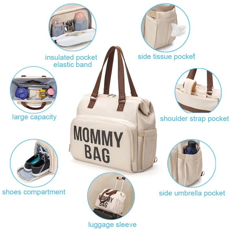 3-Piece Mommy Bag Set - Large Capacity Diaper Bag with Baby Necessities Organizer & Travel Backpack for Parents, Beige