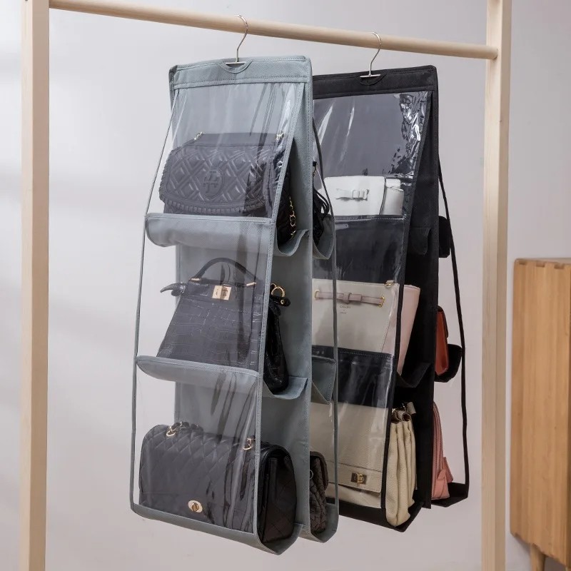 Hanging Handbag Organizer for Closet - Transparent 6-Grid Storage Bag with Rotating Hook (Available in Gray and Black)