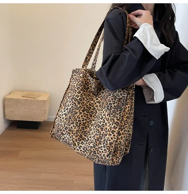 Leopard Print Large Tote Bag - Korean Fashion Shoulder Bag for Women - Black and Brown Variants