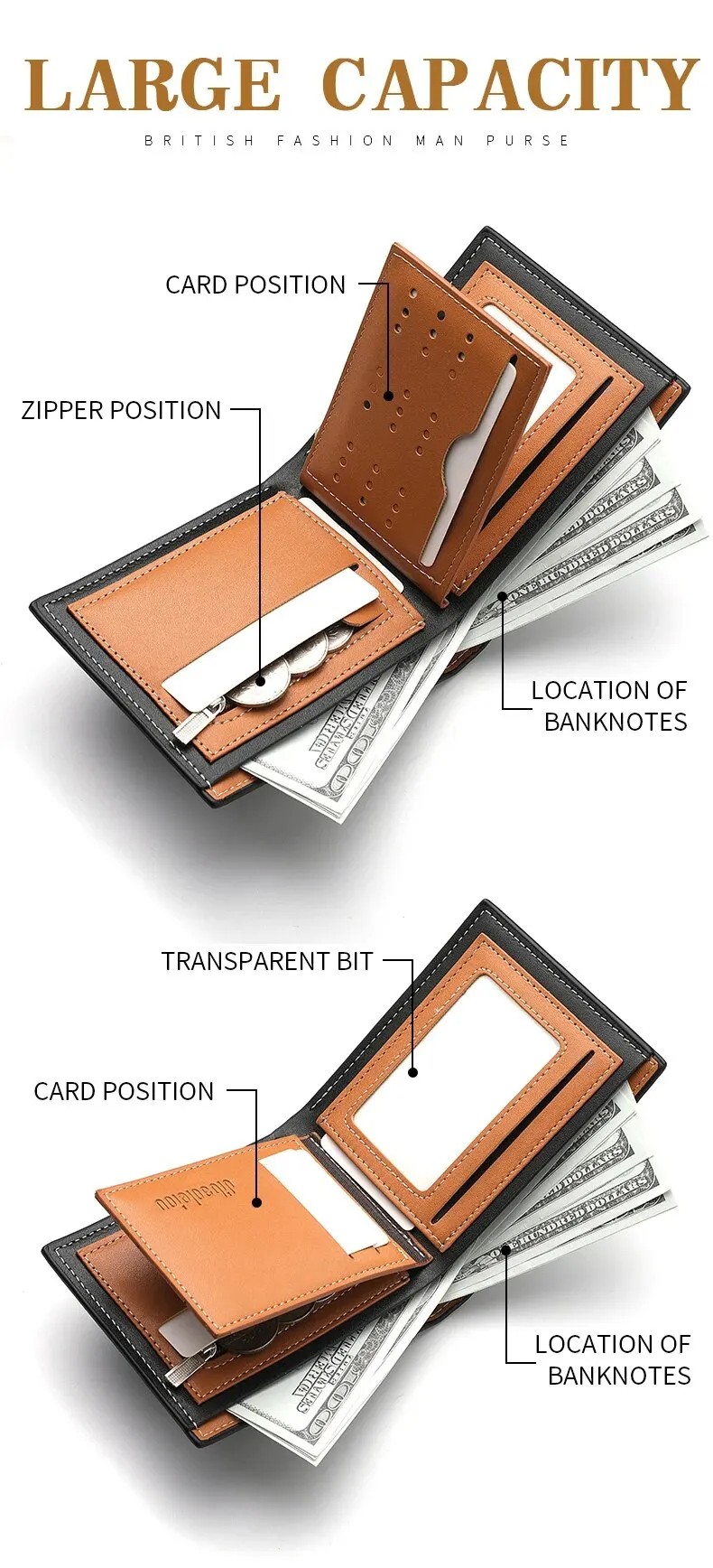 Men's Embossed 3D Lion PU Leather Tri-Fold Wallet – Multi-Card Holder with Zipper Pocket in Black, Brown, and Dark Brown
