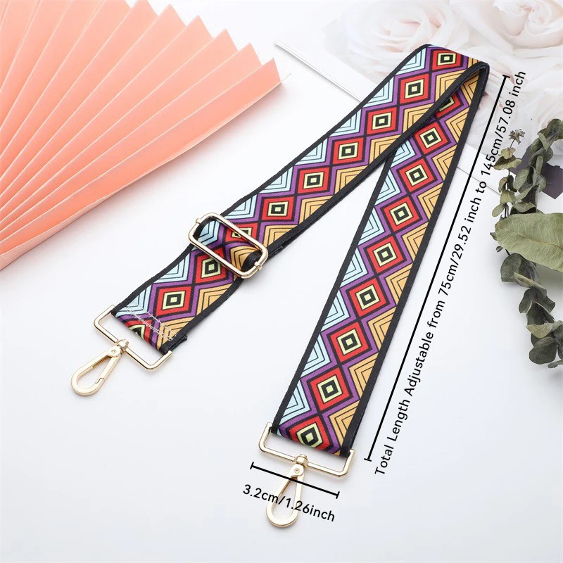 Adjustable Ethnic Print Wide Shoulder Bag Strap – Durable Nylon Crossbody Strap with Colorful Design and Gold Buckles