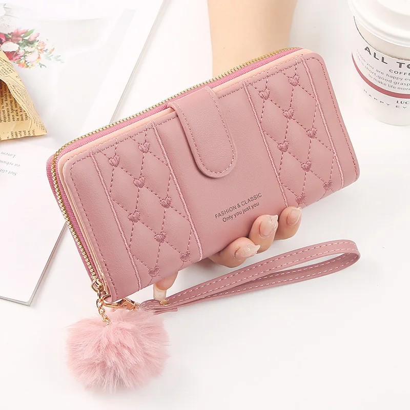 Women's Long Wallet - PU Leather Card Holder with Large Capacity, Hasp Zipper Coin Purse, Multi-Card Organizer with Wristlet - Available in Dark Pink, Black, Brown, Light Green, Blue, Red