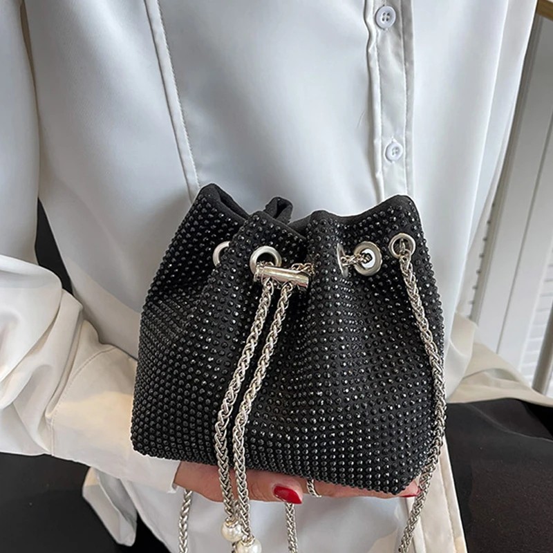 Luxury Rhinestone Bucket Bag for Women – Crossbody & Shoulder Chain Handbag, Sparkling Armpit Purse for Daily or Party Wear