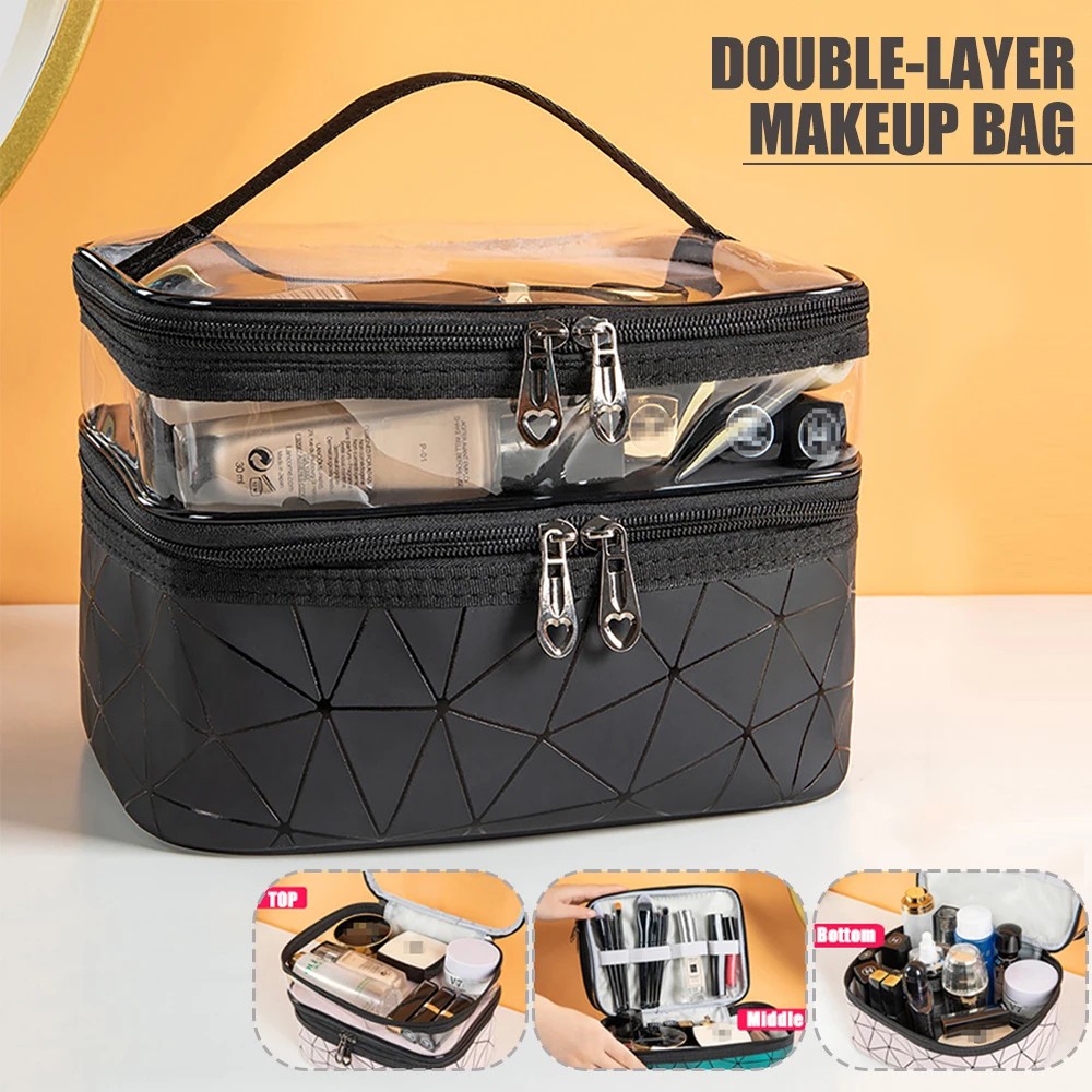 Double-Layer Waterproof Makeup Bag - Portable PVC Travel Cosmetic Organizer with Three-Tier Storage Black, Silver, White, Blue, Pink