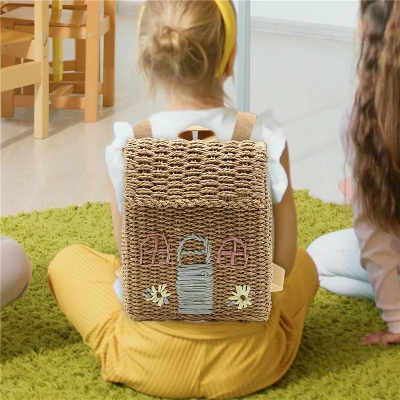 Zaino per bambini in paglia intrecciata a mano: grazioso design da cottage per i più piccoli, borsa da scuola per bambini in tessuto resistente