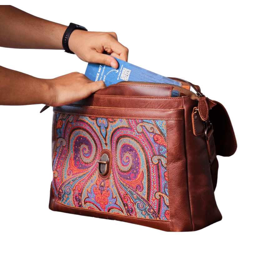 Antalya Harmony Crossbody – Premium Leather Laptop-Compatible Shoulder Bag in Brown Paisley by HappyNear Exclusive