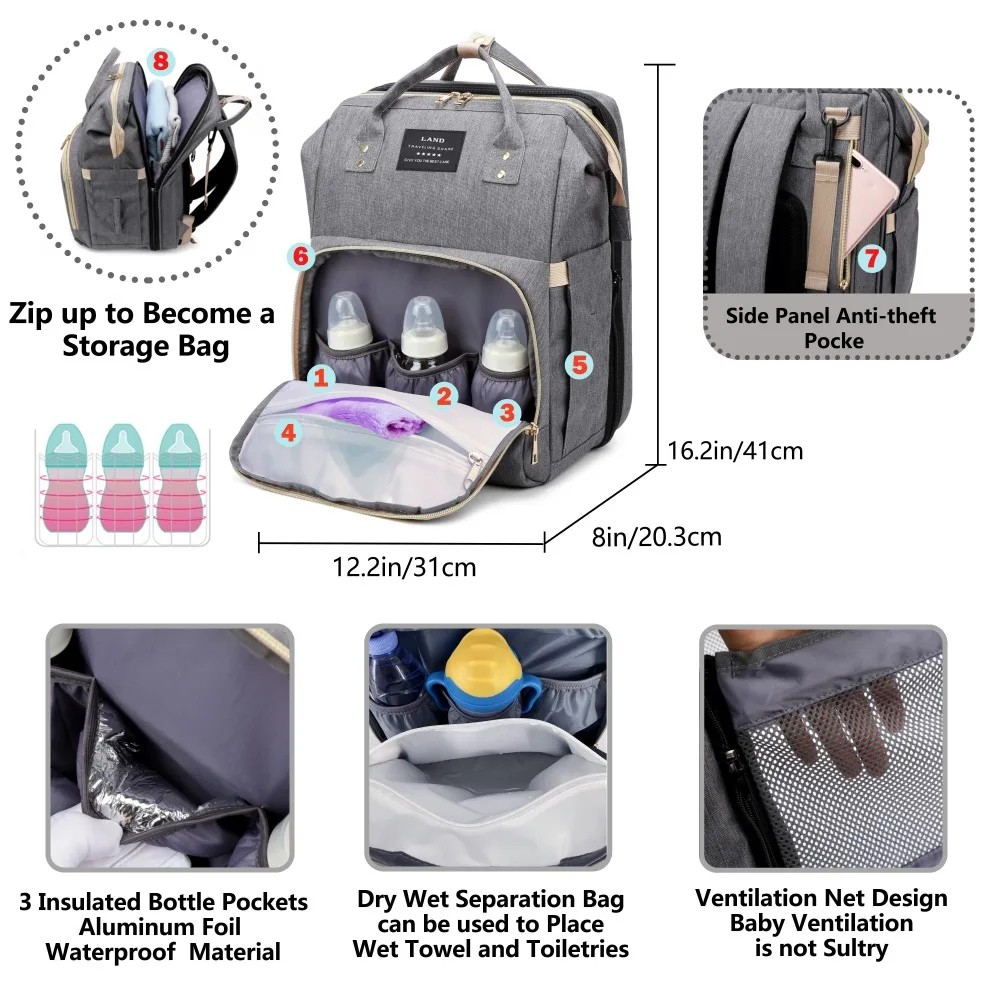 Portable Mommy Bag with Foldable Crib – Lightweight Large-Capacity Travel Maternity Backpack with USB Port – Pink, Black, Gray, and Blue