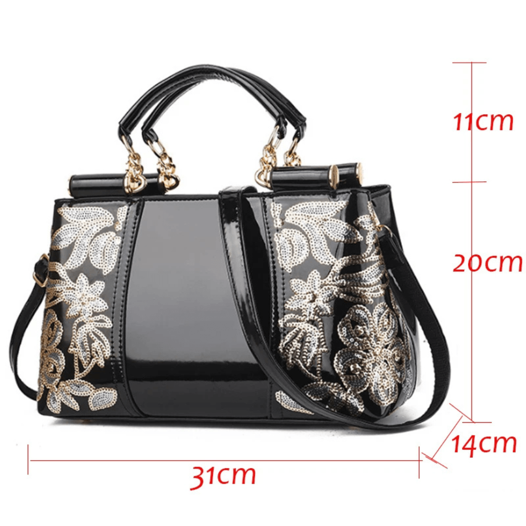 Elegant Patent Leather Women’s Handbag with Floral Embroidery – Luxury Large Capacity Shoulder Messenger Bag