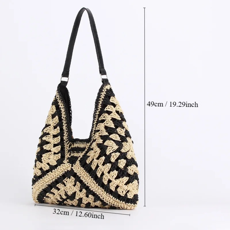 Women's Straw Tote Bag - Large Capacity Woven Shoulder Bag for Summer Beach, Casual Vintage Vacation Bag