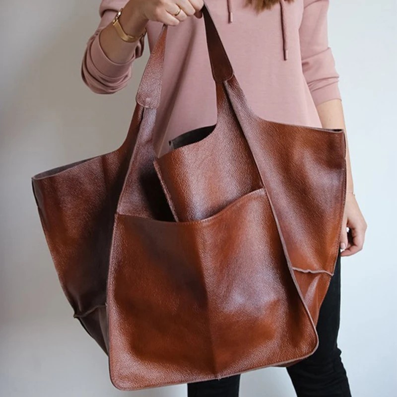 Elegant Large Capacity Leather Tote Bag – Retro Handmade Shoulder Bag for Women | High-Capacity Beach & Shopping Handbag