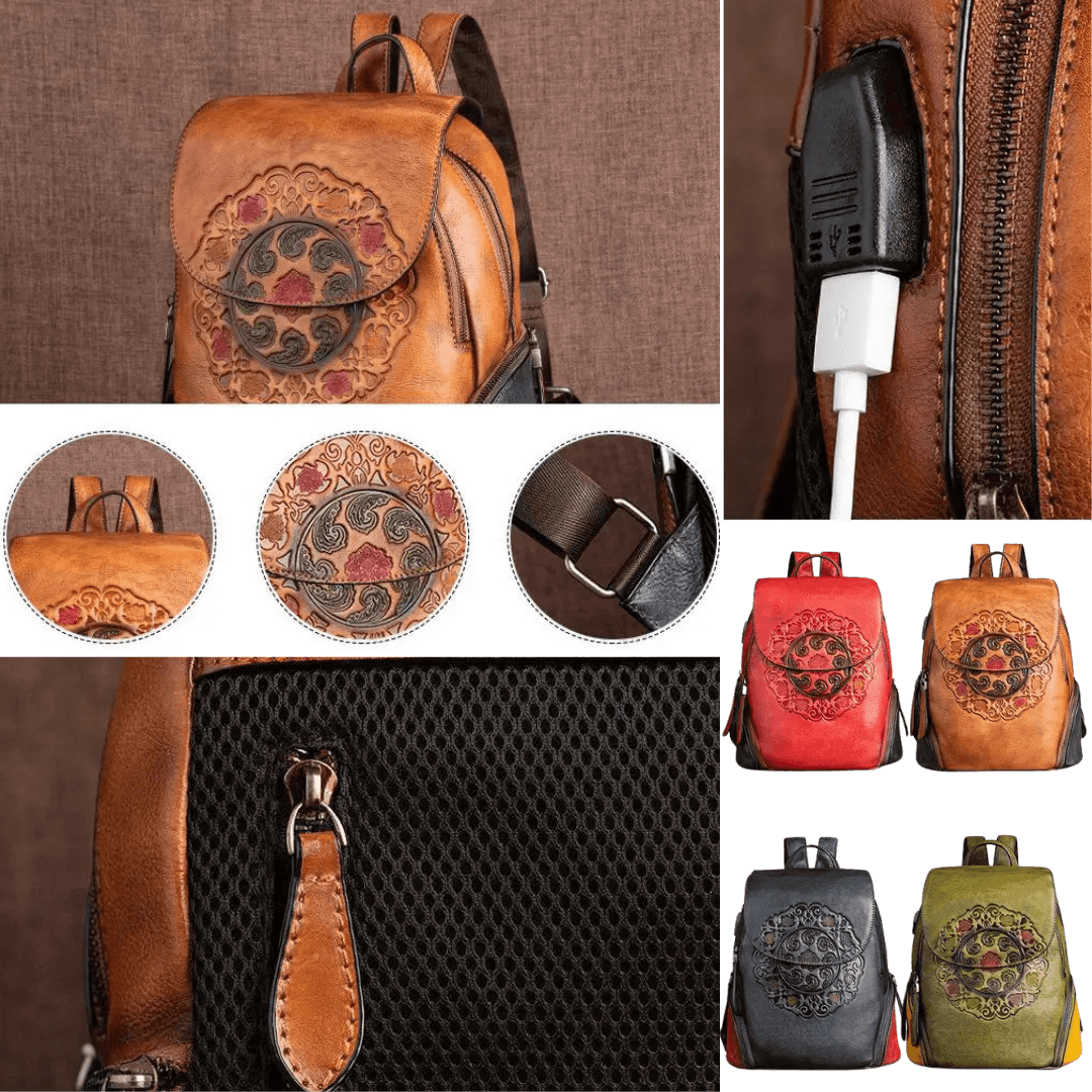 Retro Leather Embossed Vintage Backpack for Women – Genuine Handmade Designer Bag | Large Capacity, Unique Style – Available on HappyNear.com