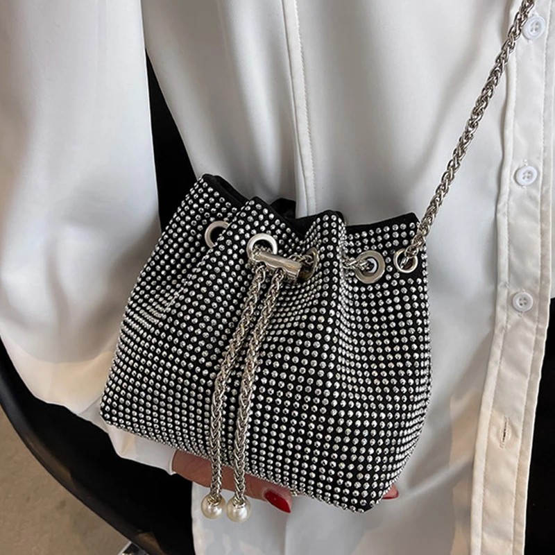 Luxury Rhinestone Bucket Bag for Women – Crossbody & Shoulder Chain Handbag, Sparkling Armpit Purse for Daily or Party Wear