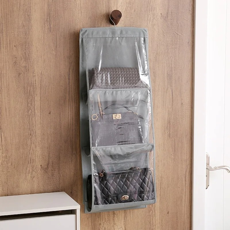 Hanging Handbag Organizer for Closet - Transparent 6-Grid Storage Bag with Rotating Hook (Available in Gray and Black)