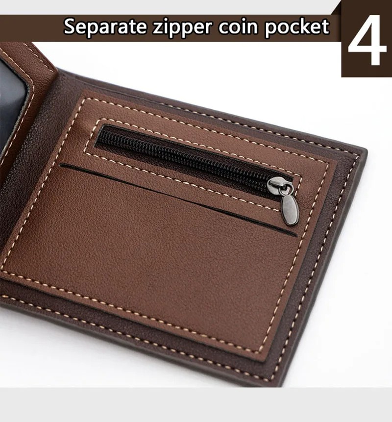 Men's Slim PU Leather Wallet with Zipper Coin Pocket - Lightweight Bifold Card Holder - Available in Blue, Light Brown, Dark Brown, Black
