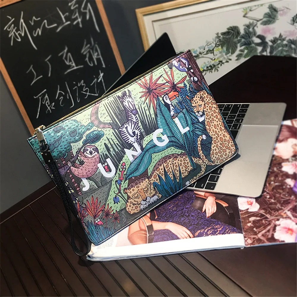 Jungle Animal Print Men's Leather Clutch Bag - High Capacity Fashion Envelope Phone Bag