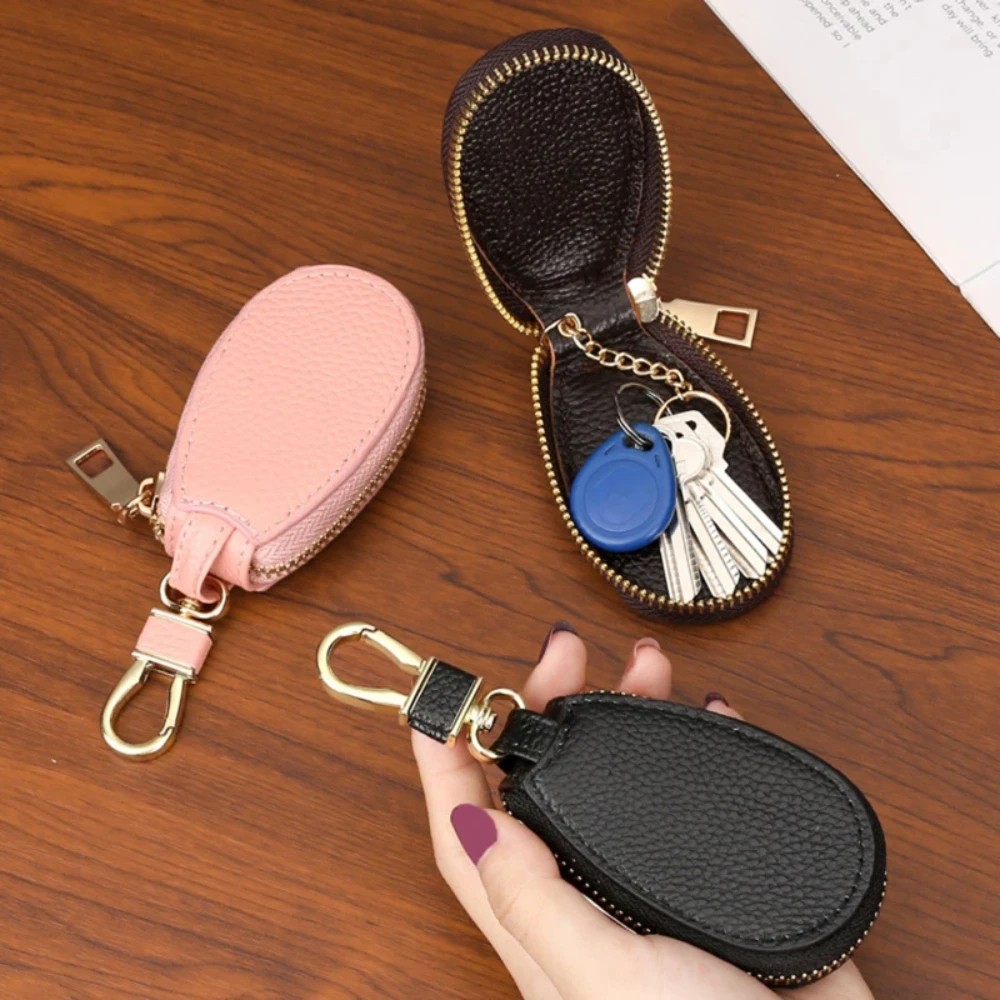 PU Leather Key Case with Zipper - Compact & Stylish Key Storage (Pink, Black, Red)